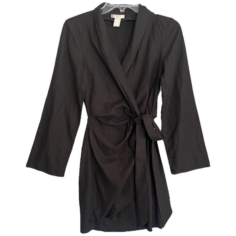 H&M Linen Blend Wrap Dress Womens XS Black Long Sleeve Kimono Capsule Minimalist